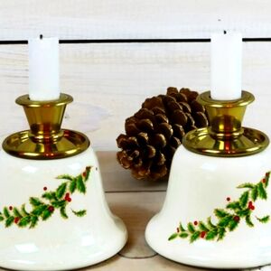 2 Vintage Tele-flora Christmas Candle Holders - Brass On Ceramic 4.5x5.5”